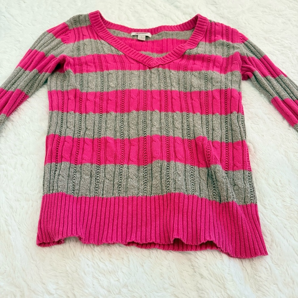Pink and Gray Striped V-Neck Sweater